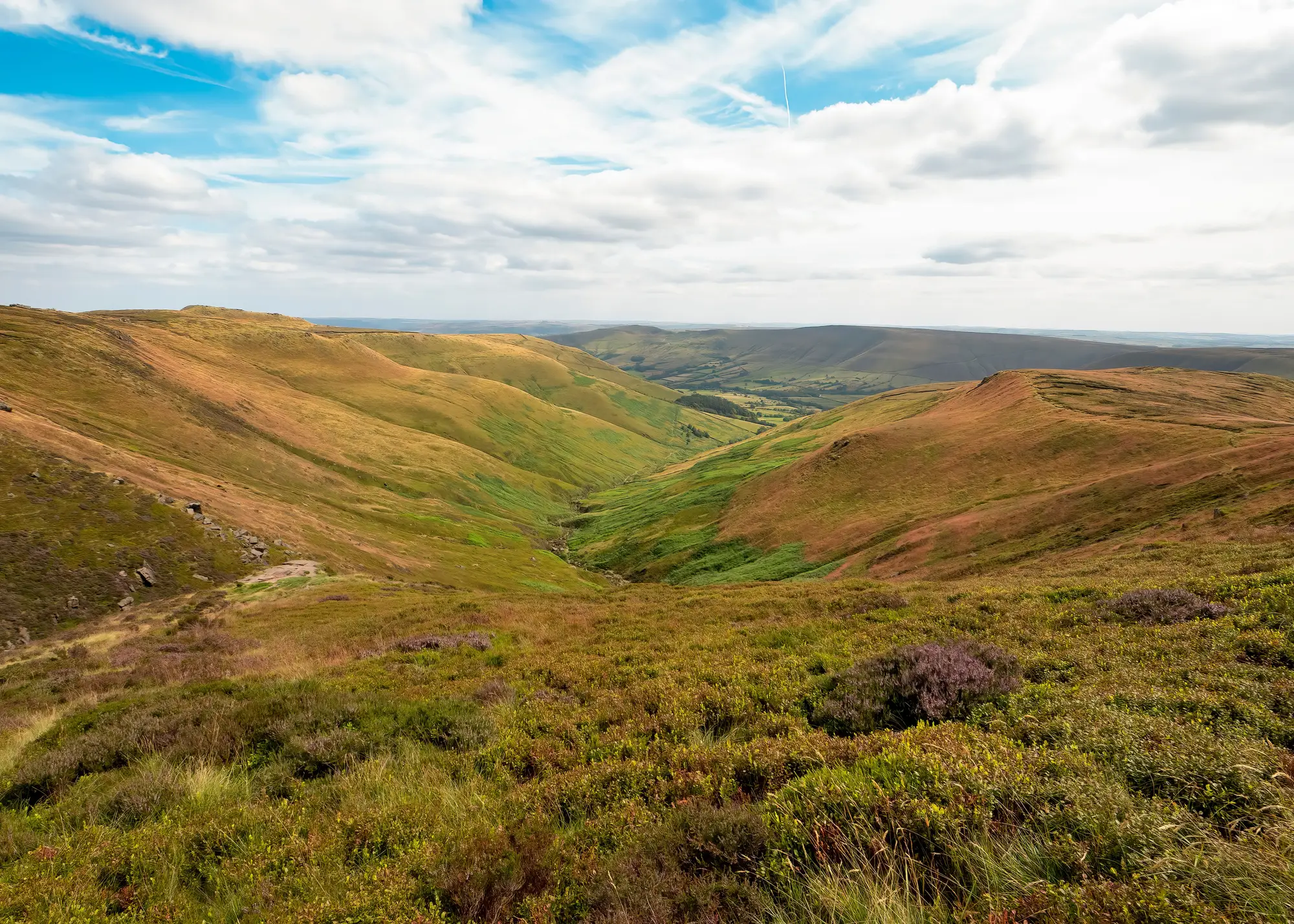 A heather and grass moorland clough running down between brown peat slopes under a broken sky
