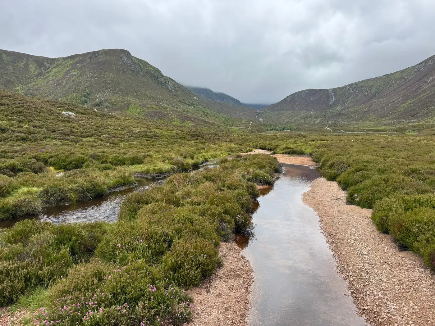 A narrow stream crossing boggy moorland ground, flanked by heather and grass tussocks, hills in the distance.